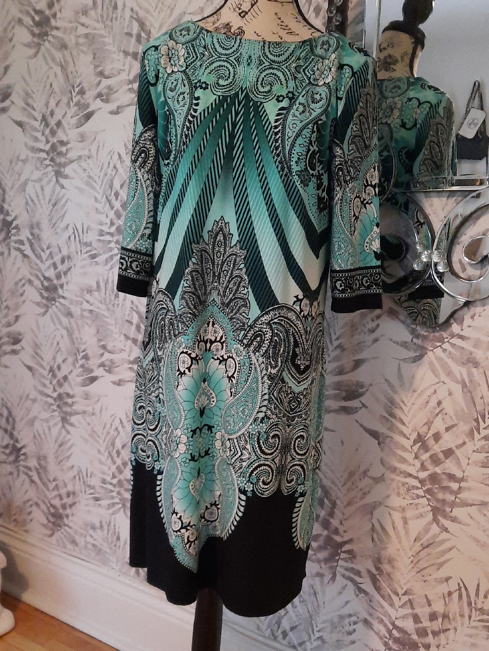Aqua and Black Paisley Printed Tunic Dress